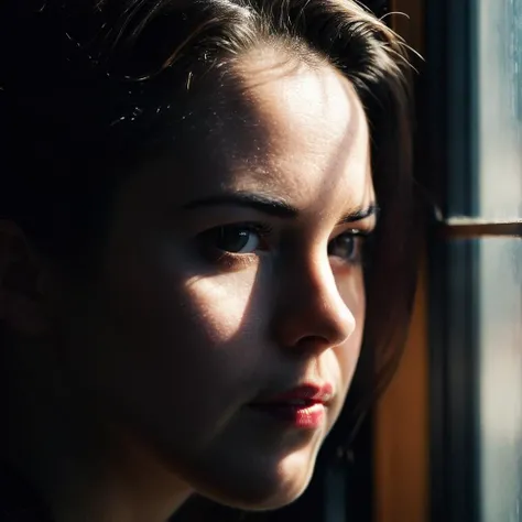 cinematic film still of  <lora:Film Stock Footage Style:1>
50mm lens, f1.2, Closeup of a woman covered in shadows is looking through a window at something in the dark in front of camera, dim light, underexposed light,  Kodak Vision3 500T Film Stock Footage Style, shallow depth of field, vignette, highly detailed, high budget, bokeh, cinemascope, moody, epic, gorgeous, film grain, grainy