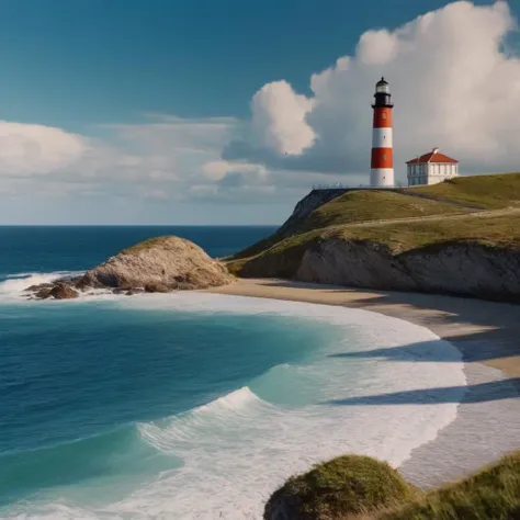 UHD, 4k, ultra detailed, cinematic, a photograph of <lora:Film Stock Footage Style:1> film grain:1.5 sharp detailed image of a
Wide landscape view of beach next to a lighthouse with deep blue sea ocean and cloudy sky and mountain view very far away Kodak Vision3 500T Film Stock Footage Style, epic, beautiful lighting, inpsiring