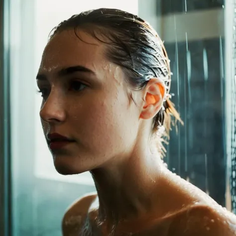 cinematic film still of <lora:Film Stock Footage Style:1>
Closeup of a young woman with a wet head showering in bathroom with a profile look to the right and perfect window white daylight on Kodak Vision3 500T Film Stock Footage Style, shallow depth of field, vignette, highly detailed, high budget, bokeh, cinemascope, moody, epic, gorgeous, film grain, grainy