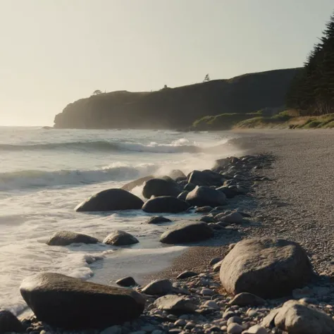 cinematic film still of  <lora:Film Stock Footage Style:1> "film grain:1.5" sharp detailed image of a
Wide view of a rocky beach next to the hazy ocean Kodak Vision3 250D Film Stock Footage Style, shallow depth of field, vignette, highly detailed, high budget, bokeh, cinemascope, moody, epic, gorgeous, film grain, grainy