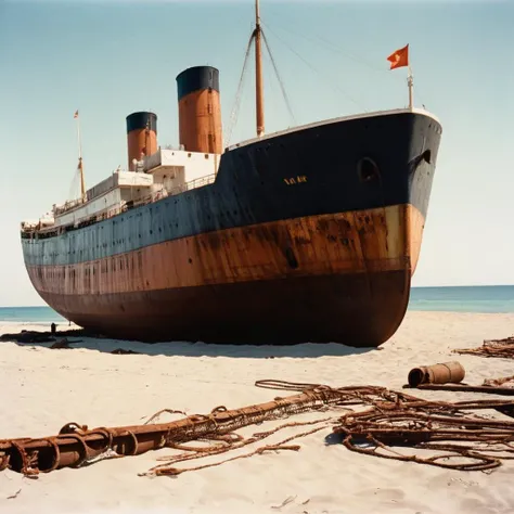 analog film photo of <lora:Film Stock Footage Style:1>
Wide view of a rusted ship sitting on top of a sandy beach Kodak Ektar Film Stock Footage Style, faded film, desaturated, 35mm photo, grainy, vignette, vintage, Kodachrome, Lomography, stained, highly detailed, found footage