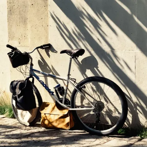 analog film photo of <lora:Film Stock Footage Style:1> film grain:1.5 sharp detailed image of a
Wide view of a bicycle leaning against a wall with a bag on it Kodak Vision3 500T Film Stock Footage Style, faded film, desaturated, 35mm photo, grainy, vignette, vintage, Kodachrome, Lomography, stained, highly detailed, found footage