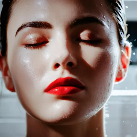 cinematic film still of  <lora:Film Stock Footage Style:1>
Cinematic Closeup of a hot red lips woman with a wet face and a profile face and closed eyes showing in a bathroom with perfect white cool fluorescent light on Kodak Vision3 500T Film Stock Footage Style, shallow depth of field, vignette, highly detailed, high budget, bokeh, cinemascope, moody, epic, gorgeous, film grain, grainy
