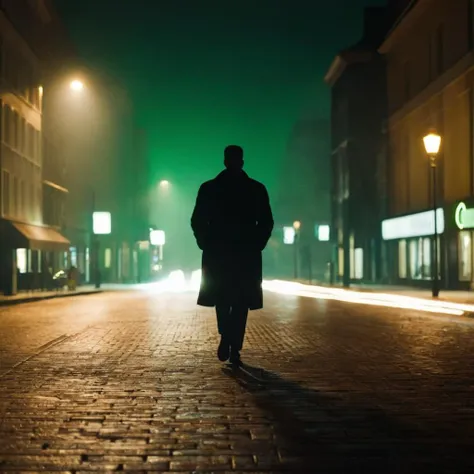 cinematic film still of  <lora:Film Stock Footage Style:1> film grain:1.5 sharp detailed image of a
Wide view of a silhouette person covered in shadows walking down a street at night with greenish streetlight on Kodak Vision3 500T Film Stock Footage Style, shallow depth of field, vignette, highly detailed, high budget, bokeh, cinemascope, moody, epic, gorgeous, film grain, grainy
