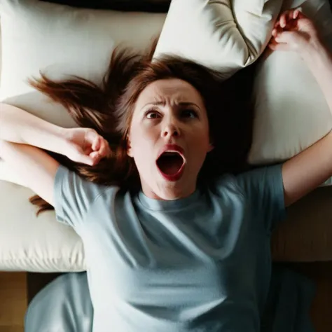 cinematic film still of <lora:Film Stock Footage Style:1>
high angle from above a Medium shot of a screaming woman with her mouth open and a pillow in the background looking shocked at camera with perfect morning sunlight on Kodak Vision3 500T Film Stock Footage Style, shallow depth of field, vignette, highly detailed, high budget, bokeh, cinemascope, moody, epic, gorgeous, film grain, grainy