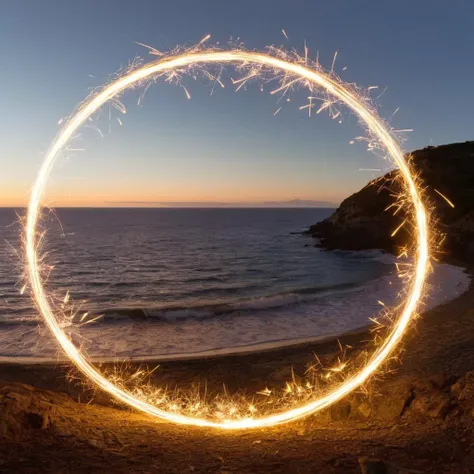 HDR photo of <lora:Film Stock Footage Style:1>
Wide view of a circular of light sparks is shown in the dark with sea view above Kodak Vision3 500T Film Stock Footage Style, High dynamic range, vivid, rich details, clear shadows and highlights, realistic, intense, enhanced contrast, highly detailed