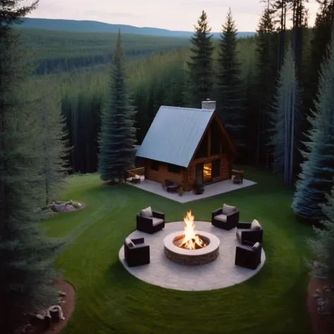 cinematic film still of  <lora:Film Stock Footage Style:1>
High angle from above a Wide view of a cabin in the woods with a patio and a fire pit Kodak Vision3 500T Film Stock Footage Style, shallow depth of field, vignette, highly detailed, high budget, bokeh, cinemascope, moody, epic, gorgeous, film grain, grainy