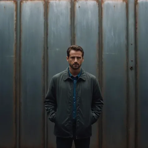 cinematic film still of <lora:Film Stock Footage Style:0.5>
<lora:Cinematic Film Stock Footage Style:0.5> Cinematic
Medium shot of a man in a jacket standing in front of a metal wall Fujifilm Eterna Film Stock Footage Style, shallow depth of field, vignette, highly detailed, high budget, bokeh, cinemascope, moody, epic, gorgeous, film grain, grainy