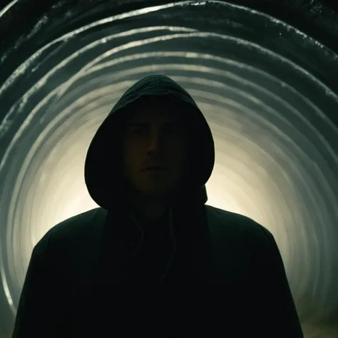 cinematic film still of  <lora:Film Stock Footage Style:0.5>
<lora:Cinematic Film Stock Footage Style:0.5> Cinematic 
low angle from below a Wide view of a person in a hood partially covered in shadows standing in front of a glowing tunnel with a light painting in background looking at camera Kodak Vision3 500T Film Stock Footage Style, shallow depth of field, vignette, highly detailed, high budget, bokeh, cinemascope, moody, epic, gorgeous, film grain, grainy