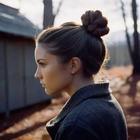 Dark Fantasy Art of <lora:Film Stock Footage Style:1>
infrared photography a Medium shot of a woman with a messy bun in her hair staring at caemra Kodak Vision3 500T Film Stock Footage Style, dark, moody, dark fantasy style