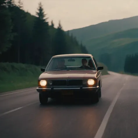 cinematic film still of  <lora:Film Stock Footage Style:1>
Medium shot of a car driving down a road at night to the camera with front light on Kodak Vision3 500T Film Stock Footage Style, shallow depth of field, vignette, highly detailed, high budget, bokeh, cinemascope, moody, epic, gorgeous, film grain, grainy
