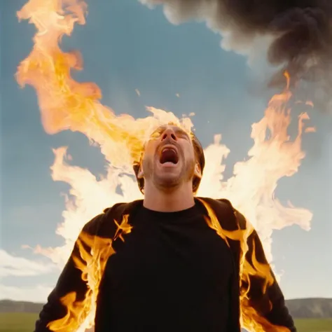 cinematic film still of <lora:Film Stock Footage Style:1>
Medium shot of a man covered in burning fire flames while screaming loud with big mouth looking up at sky Kodak Vision3 500T Film Stock Footage Style, shallow depth of field, vignette, highly detailed, high budget, bokeh, cinemascope, moody, epic, gorgeous, film grain, grainy