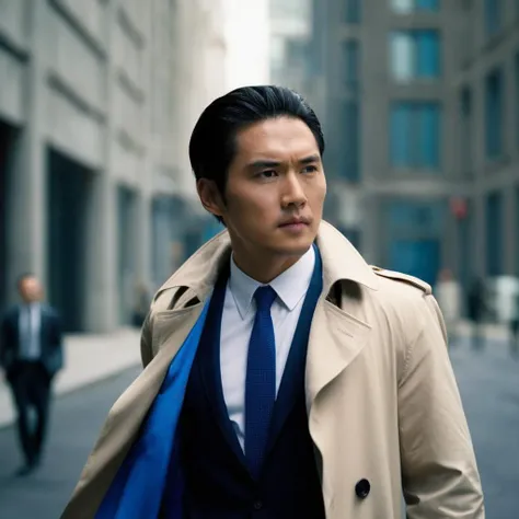 cinematic film still of  <lora:Film Stock Footage Style:1>
Medium shot of an asian detective man in a trench coat and white shirt and blue tie staring to the right at someone Kodak Vision3 500T Film Stock Footage Style, shallow depth of field, vignette, highly detailed, high budget, bokeh, cinemascope, moody, epic, gorgeous, film grain, grainy