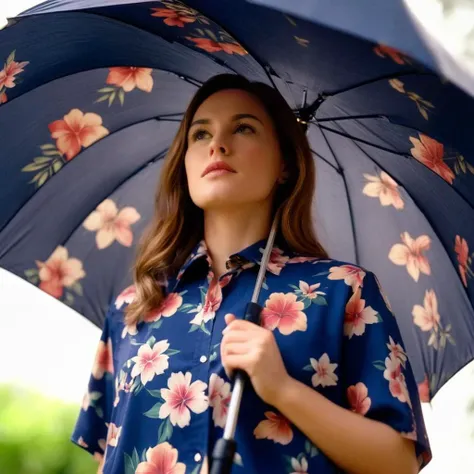cinematic film still of  <lora:Film Stock Footage Style:1>
low angle from below a Medium cinematic shot of a woman holding an umbrella in a floral print shirt while looking up at it Kodak Vision3 500T Film Stock Footage Style, shallow depth of field, vignette, highly detailed, high budget, bokeh, cinemascope, moody, epic, gorgeous, film grain, grainy