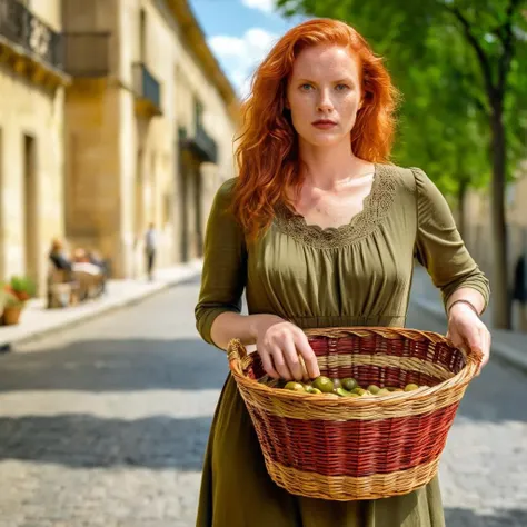 HDR photo of <lora:Film Stock Footage Style:1>
Medium shot of a red hair french woman in a nude olive dress holding a vintage basket while staring to the right at camera Kodak Vision3 500T Film Stock Footage Style, High dynamic range, vivid, rich details, clear shadows and highlights, realistic, intense, enhanced contrast, highly detailed