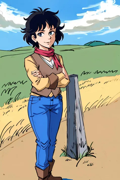 1girl, <lora:TessPole1L:0.9>,TessPole,curly hair,black hair,standing,brown vest,red scarf,yellow long sleeve shirt,blue jeans,leather boots,crossed arms,smiling,facing viewer,in farmers field,straight on, <lora:LORA-XenoDetailer-v2:0.1>