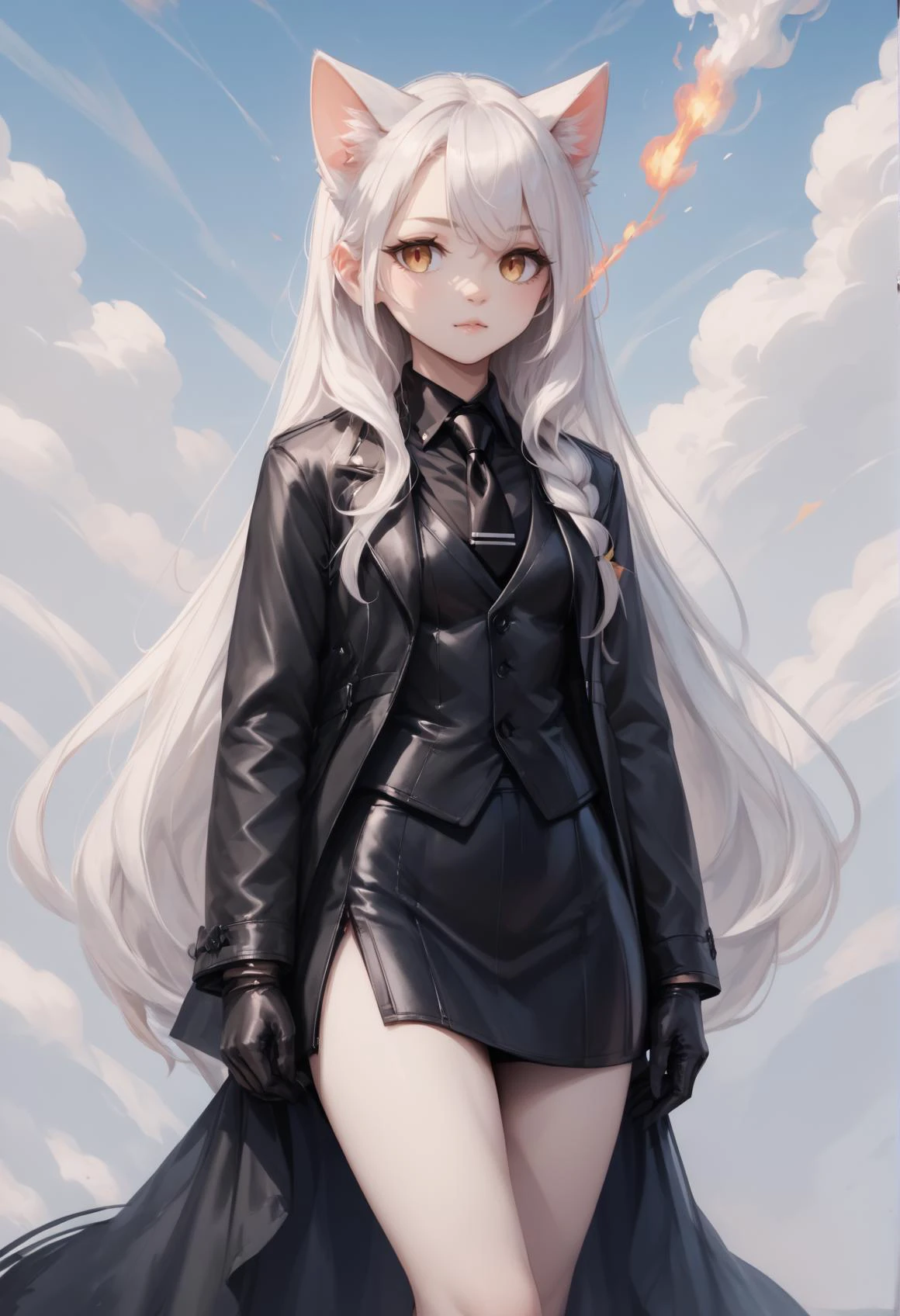 score_9, score_8_up, score_7_up,score_6_up, score_5_up,score_4_up ,artbook, BREAK ,score_9, score_9, score_8_up, score_7_up, 8k <lora:arctic cat girl_LORA-000008:0.75> cat , 1girl, yellow eyes, white hair, very long hair,<lora:oc_justtnp_ponyXL:0.8> formal, black jacket, black vest, black necktie, black gloves, skirt
<lora:cigarette:0.7> smoke, burning, sky, fantasy, High resolution