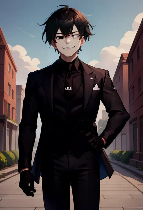 score_9, score_8_up, score_7_up, three-quarter view, solo, male focus, 1boy, justtnp, smug, hand on hip, heterochromia, black eyes, white eyes, formal, black jacket, black vest, black necktie, black gloves, black pants, scenery <lora:oc_justtnp_ponyXL:1>