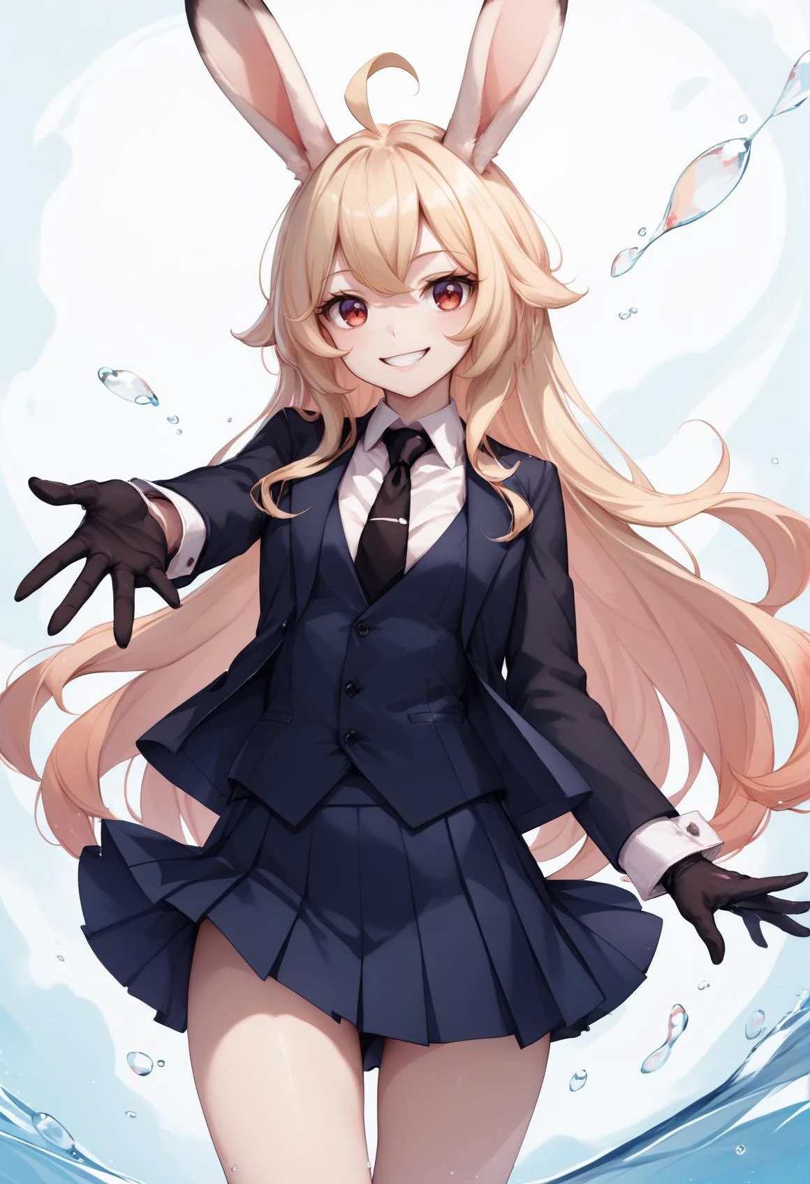 score_9, score_8_up, score_7_up,score_6_up, score_5_up, score_4_up ,artbook, BREAK ,score_9, score_9, score_8_up, score_7_up, cartoon, <lora:meat rabbit_LORA:0.6> rabbit, 1girl, Smile, blond, very long hair, ahoge, red eyes, <lora:oc_justtnp_ponyXL:1> formal, (black jacket), black vest, black necktie, black gloves, skirt, water droplets, reaching towards viewer, hand focus,