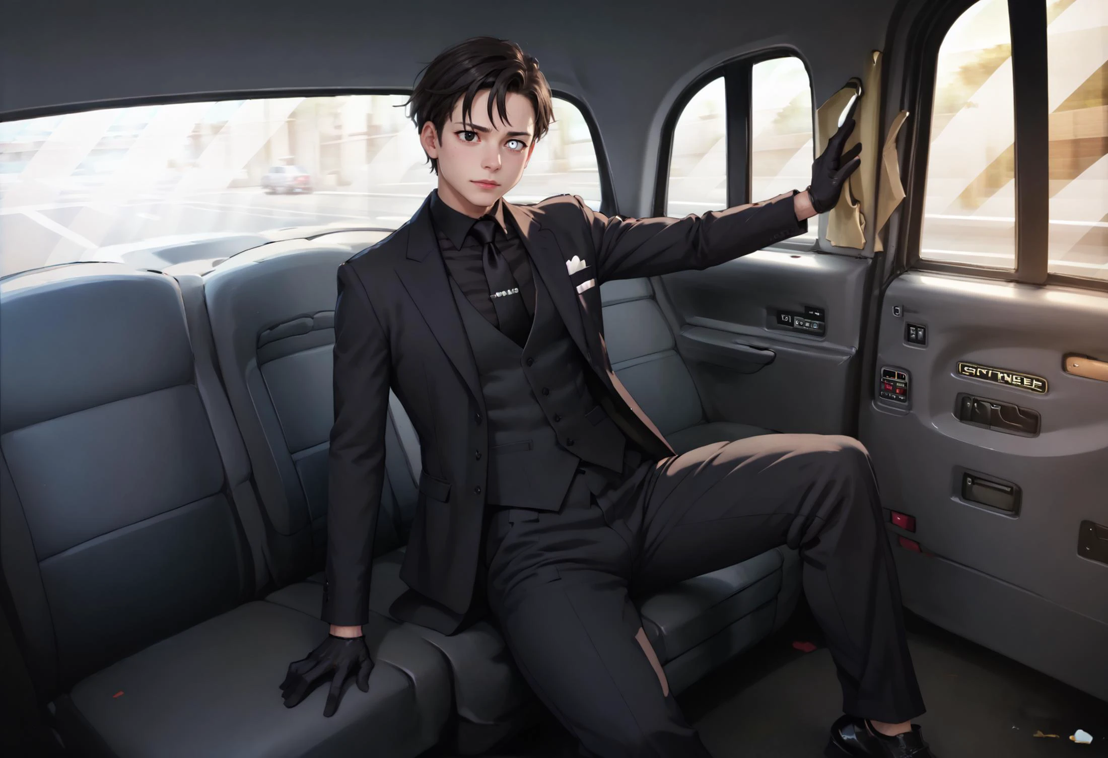 score_9, score_8_up, score_7_up BREAK masterpiece, newest, Highly detailed, fake taxi, car interior, sitting, ground vehicle, justtnp, heterochromia, black eyes, white eyes, formal, black jacket, black vest, black necktie, black gloves, black pants <lora:oc_justtnp_ponyXL:1> <lora:FakeTaxiMeme_XLPD:1>