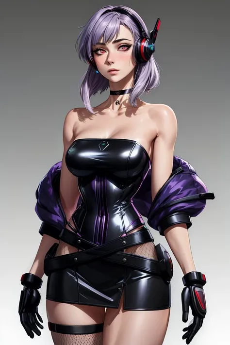 (Finest quality)),(A high resolution),(ultra-detailed art),(Meticulous portrayal),((Best Anime)),(Finest works of art),sharpness,Clear,Ultra-Precision Art,The art of astounding depiction,((female ninja)),
earings,
short Hair, purple hair, vibrant purple hair, extremely detailed hair, detailed bangs, with bangs, shoulder-length hair only,
pretty face, beautiful lips, soft lips,pretty face, close up face,serious face, pretty nose, beautiful nose,
pretty eyes, beautiful eyes, detailed eyes, perfect eyes, green eyes,
clear skin,white skin, soft skin, small bust,
korean girl, korean beauty, irene, red velvet irene,
ninja, female ninja, ninja clothing, detailed ninja clothing, ninja armor, ninja suit, turtle neck, short sleeves, arm sleeves, expose upper arm,
looking at camera,
standing, cool pose, hide breasts, full body, whole body,
super low-angle shot, looking down, no background,looking at camera,