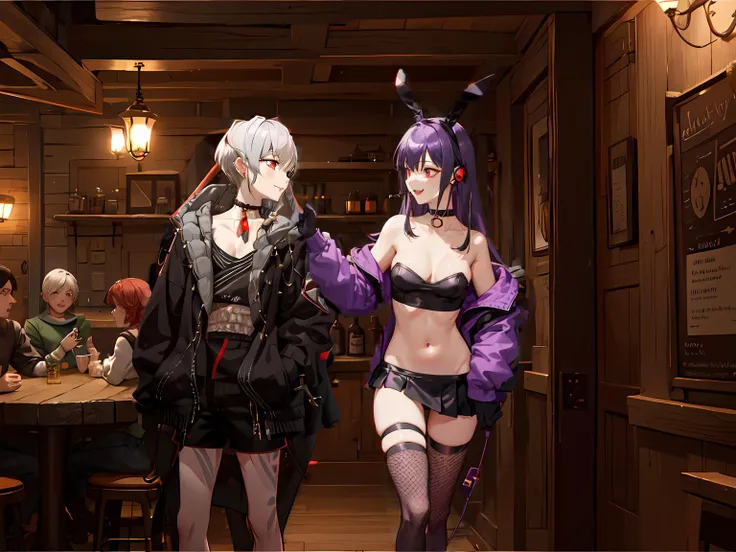<lora:e7Cdom>, e7 Cdom, black skirt, red eyes, small breasts, (bunny earphones:1.2), black mittens, (strapless top, purple jacket, stomach, fishnet leggings), (black mini skirt), choker, light purple hair smiling, energetic, enthusiastic, happy, laughing, from side, profile, long hair
