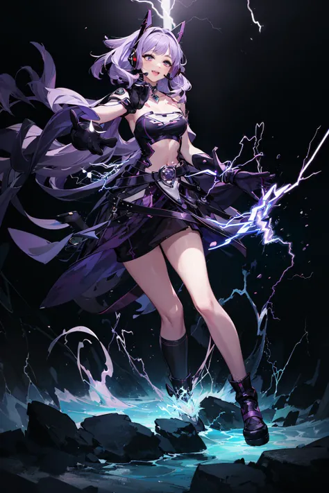 (masterpiece), best quality, 8k, perfect artwork, portrait, ((electricity in one's hands, Lightning effect, Energy wave)), (1girl), young, cute, Purple hair, Gloves, Headset, full body, e7 CDom, <lora:e7 CDom:0.9> laugh512, pureerosface_v1