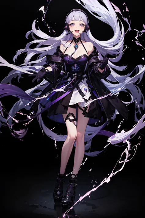 (masterpiece), best quality, 8k, perfect artwork, portrait, ((electricity effect in one's hands)), (1girl), young, (detailed face:1.5), Purple hair, Gloves, Headset,full body, e7 CDom, <lora:e7 CDom:0.9> laugh512, pureerosface_v1