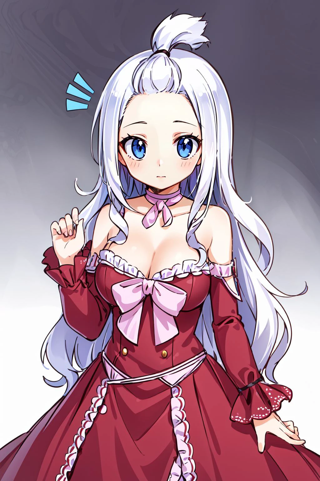 (masterpiece, best quality), intricate details,
1girl, <lora:mirajane_strauss_v1:0.8> aamira, long hair, bangs pinned back, topknot, forehead, choker, bare shoulder, cleavage, red dress, frilled dress, bow, sleeveless,