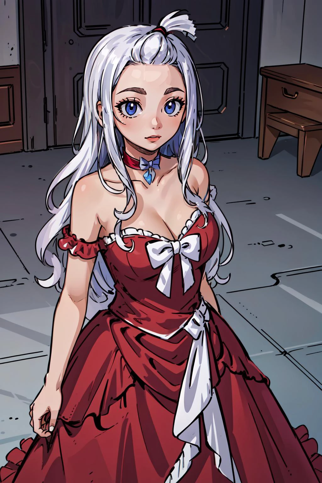 (masterpiece, best quality), intricate details,
1girl, <lora:mirajane_strauss_v1:0.8> aamira, long hair, bangs pinned back, topknot, forehead, choker, bare shoulder, cleavage, red dress, frilled dress, bow, sleeveless,