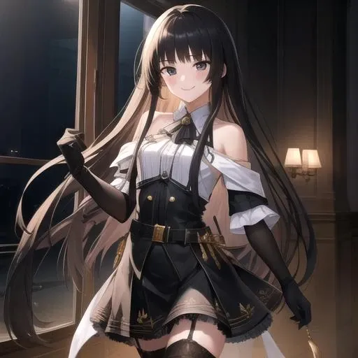 ((masterpiece)),(best quality),official art,extremely detailed CG,unity 8k wallpaper,ultra detailed,1girl,solo,cowboy shot,very_long_hair,black_hair,black_thighhighs,looking_at_viewer,garter_straps,black_eyes,smile,bangs,black_footwear,high_heels,black_skirt,black_gloves,belt,blunt_bangs,<lora:Virtuosa(ark):0.8>,