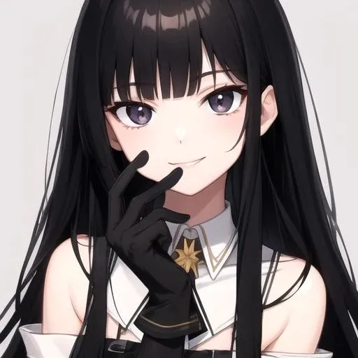 ((masterpiece)),(best quality),official art,extremely detailed CG,unity 8k wallpaper,ultra detailed,1girl,solo,upper body,(portrait:1.2),very_long_hair,black_hair,black_thighhighs,looking_at_viewer,garter_straps,black_eyes,smile,bangs,black_footwear,high_heels,black_skirt,black_gloves,belt,blunt_bangs,<lora:Virtuosa(ark):0.8>,