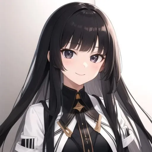 ((masterpiece)),(best quality),official art,extremely detailed CG,unity 8k wallpaper,ultra detailed,1girl,solo,upper body,(portrait:1.2),very_long_hair,black_hair,black_thighhighs,looking_at_viewer,garter_straps,black_eyes,smile,bangs,black_footwear,high_heels,black_skirt,black_gloves,belt,blunt_bangs,<lora:Virtuosa(ark):0.8>,