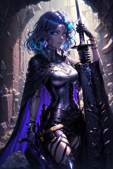 dark, (holding_sword), colored_inner_hair, violet_inner_hair, dark cape, glowing under hair, underground, cave, glowing lines on cave walls, glowing crystals, (masterpiece, best_quality, ultra-detailed, highres), epic, illustration, detailed eyes, blue hair, 1girl, crystal bracelet,
<lora:EnvyFantasyMix03:1.65>