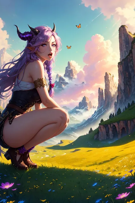 1girl, squatting, looking at flowers, bright sky, solo, pink skin, (small) horns, wide eyes, ((slightly)) open mouth, detailed eyes, (masterpiece, best_quality, ultra-detailed, highres, wallpaper, illustration), epic, purple hair, braid, fantasy, leafs in wind, meadow, butterflies, mountains, cliffs
<lora:EnvyFantasyMix03:1.55>