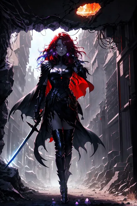 dark, (holding_sword), demonic hands, colored_inner_hair, violet_inner_hair, dark cape, glowing under hair, underground, (cave, glowing lines on cave walls, glowing crystals,) (masterpiece, best_quality, ultra-detailed, highres), epic, illustration, detailed eyes, dark red hair, 1girl, crystal bracelet, horror, ((very long hair)), high contrast,
<lora:EnvyFantasyMix03:1.65>