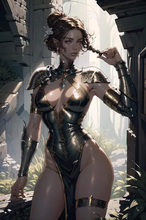 (masterpiece, best_quality, ultra-detailed, immaculate:1.3), epic, illustration, elf warpriest lord , sexy armor, pauldrons, brown hair, bob cut,Double Braided Buns, seiza, in a cave, in a sex dungeon, bombshell hair, copper hair, Peekaboo Color,low-tied long hair, standing on shoulder<lora:EnvyFantasyMix03:1.5>