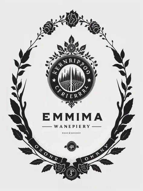 Logo of a winery, Emma
(XCYP minimalist logo, minimalist style, minimalist pattern, black and white pattern, badge,The best quality, clear lines, ultra-fine depictions,)