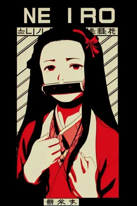 kamado nezuko,p0ster, bit gag, gagged, <lora:kamado_nezuko_offset:0.7>, <lora:posters-redmonochrome:1>