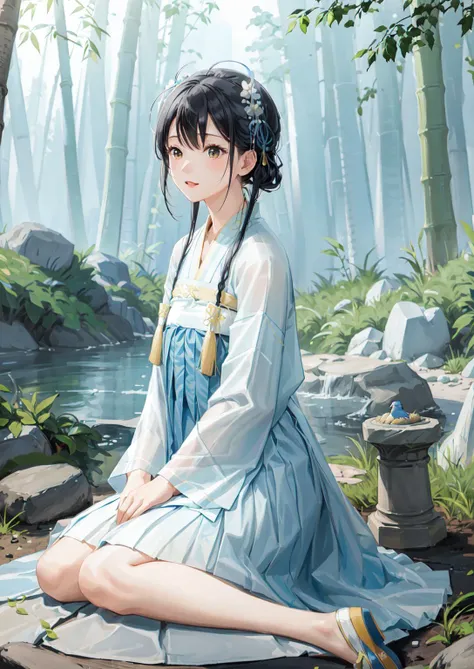 1girl,solo,(Bright eyes),(Blue and white pleated skirt,White Uesugi,Yellow lace),,Clear facial features,outdoor,,hanfu,<lora:tangStyle26:0.6>,bamboo forest,Stone bench,Stone table,musical instrument,grassland,earth,rivers,Far Mountains,Birds and beasts,happy,