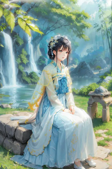 1girl,solo,(Bright eyes),(Blue and white pleated skirt,White Uesugi,Yellow lace),,Clear facial features,outdoor,,hanfu,<lora:tangStyle26:0.7>,bamboo forest,Stone bench,Stone table,musical instrument,grassland,earth,rivers,Far Mountains,Birds and beasts,happy,