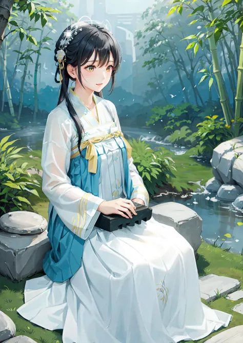 1girl,solo,(Bright eyes),(Blue and white pleated skirt,White Uesugi,Yellow lace),,Clear facial features,outdoor,,hanfu,<lora:tangStyle26:0.6>,bamboo forest,Stone bench,Stone table,musical instrument,grassland,earth,rivers,Far Mountains,Birds and beasts,happy,