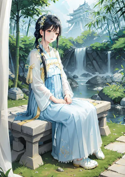1girl,solo,(Bright eyes),(Blue and white pleated skirt,White Uesugi,Yellow lace),,Clear facial features,outdoor,,hanfu,<lora:tangStyle26:0.6>,bamboo forest,Stone bench,Stone table,musical instrument,grassland,earth,rivers,Far Mountains,Birds and beasts,happy,