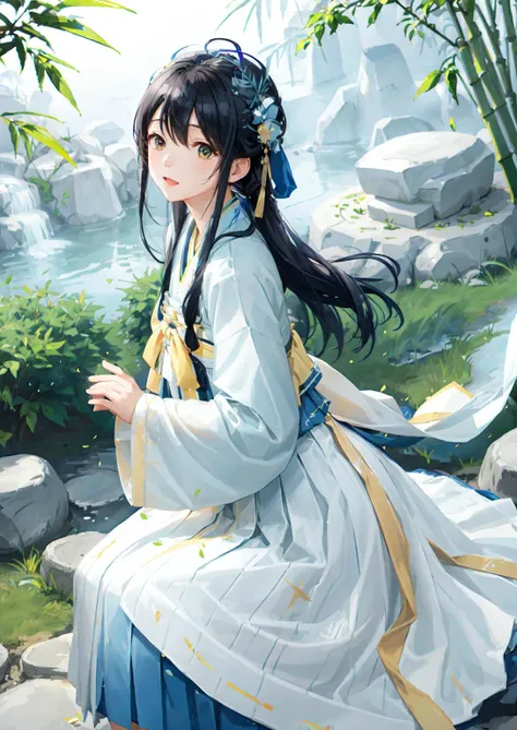 1girl,solo,(Bright eyes),(Blue and white pleated skirt,White Uesugi,Yellow lace),,Clear facial features,outdoor,,hanfu,<lora:tangStyle26:0.6>,bamboo forest,Stone bench,Stone table,musical instrument,grassland,earth,rivers,Far Mountains,Birds and beasts,happy,