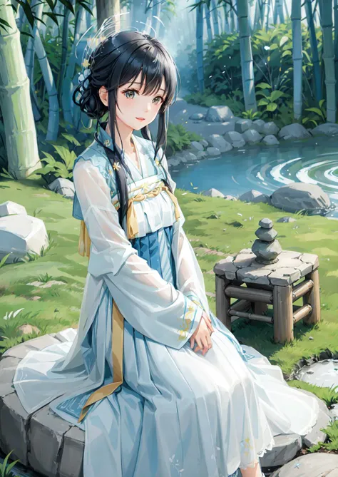 1girl,solo,(Bright eyes),(Blue and white pleated skirt,White Uesugi,Yellow lace),,Clear facial features,outdoor,,hanfu,<lora:tangStyle26:0.6>,bamboo forest,Stone bench,Stone table,musical instrument,grassland,earth,rivers,Far Mountains,Birds and beasts,happy,
