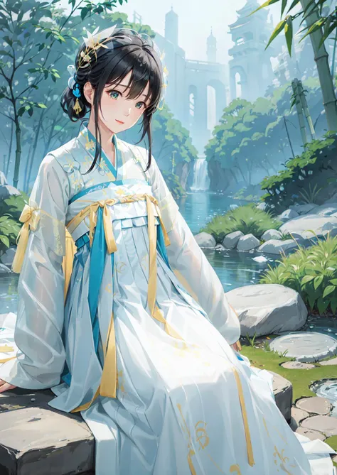 1girl,solo,(Bright eyes),(Blue and white pleated skirt,White Uesugi,Yellow lace),,Clear facial features,outdoor,,hanfu,<lora:tangStyle26:0.6>,bamboo forest,Stone bench,Stone table,musical instrument,grassland,earth,rivers,Far Mountains,Birds and beasts,happy,