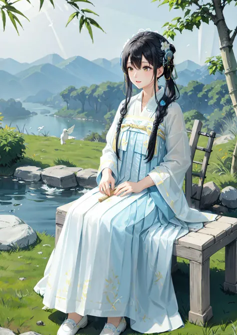 1girl,solo,(Bright eyes),(Blue and white pleated skirt,White Uesugi,Yellow lace),,Clear facial features,outdoor,,hanfu,<lora:tangStyle26:0.6>,bamboo forest,Stone bench,Stone table,musical instrument,grassland,earth,rivers,Far Mountains,Birds and beasts,happy,