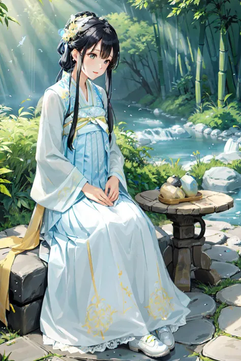 1girl,solo,(Bright eyes),(Blue and white pleated skirt,White Uesugi,Yellow lace),,Clear facial features,outdoor,,hanfu,<lora:tangStyle26:0.6>,bamboo forest,Stone bench,Stone table,musical instrument,grassland,earth,rivers,Far Mountains,Birds and beasts,happy,