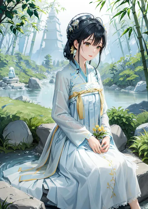 1girl,solo,(Bright eyes),(Blue and white pleated skirt,White Uesugi,Yellow lace),,Clear facial features,outdoor,,hanfu,<lora:tangStyle26:0.6>,bamboo forest,Stone bench,Stone table,musical instrument,grassland,earth,rivers,Far Mountains,Birds and beasts,happy,