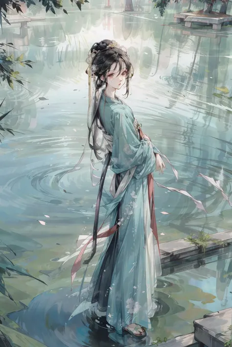 realistic, photorealistic, masterpiece, absurdres, incredibly absurdres, extremely detailed, hanfu, tang style, best quality, 1girl, solo, slim, expressionless, full body, dynamic pose, looking at viewer, long black hair, standing, chinese garden, ancient chinese building, water, detailed background, <lora:tangStyle26:0.7>, <lora:add_detail:1>, <lora:fashigirl-lora-v5-128dim-20ep-novae:0.7>, <lora:shuimobysimV3:0.4>